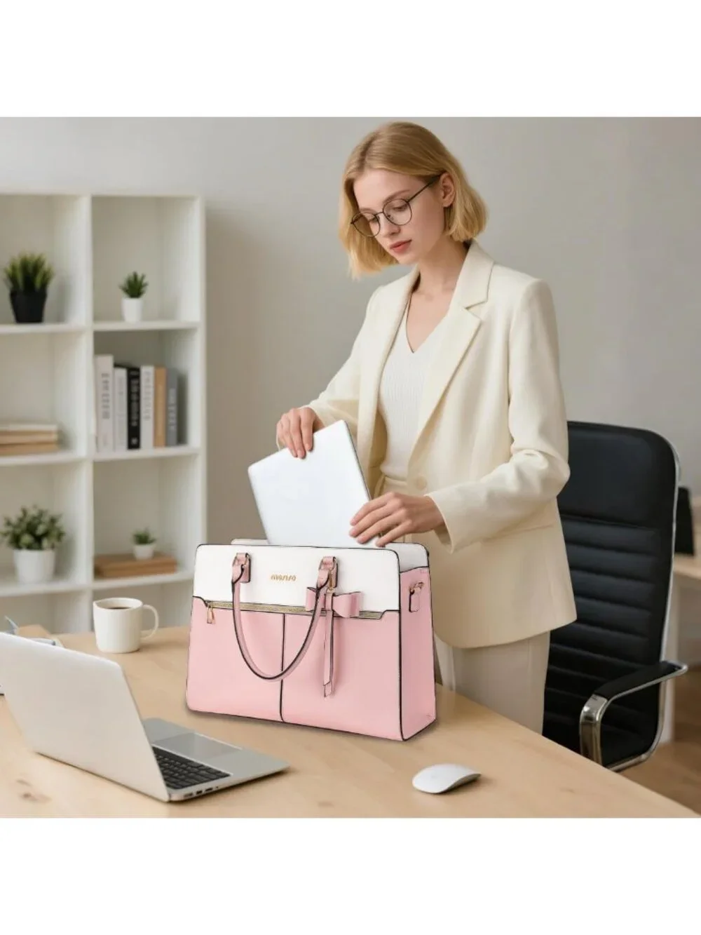 Stylish Waterproof PU Leather Laptop Tote Bag for Women, 15.6 inch Work Bag